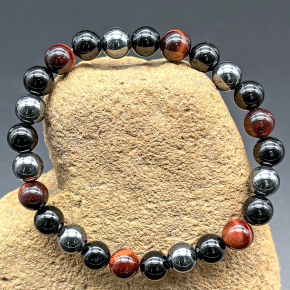 Artisan Jewelry - Onyx Golden Red Eye Hematite Gemstone Bracelet Handmade